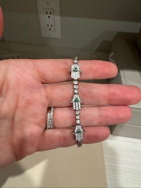Sterling Silver Hamsa Bracelet with Green Accents
